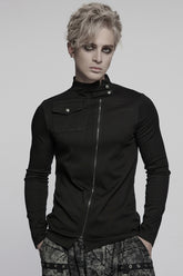 Black Stand Collar Long Sleeves Asymmetric Zipper Men's Punk Blouse